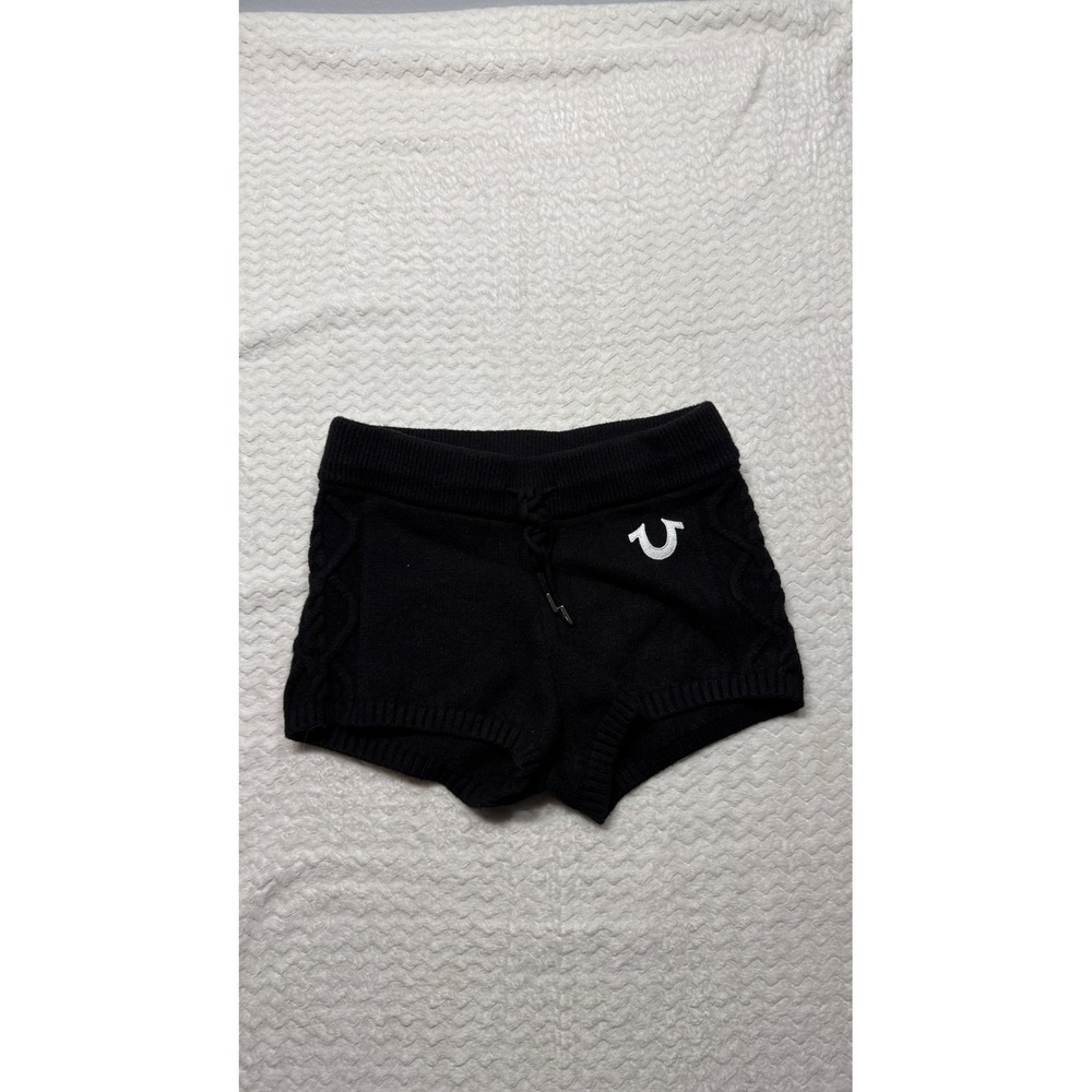 True Religion Womens Black Cable Knit Lounge Shorts Horseshoe Logo Small 4531
